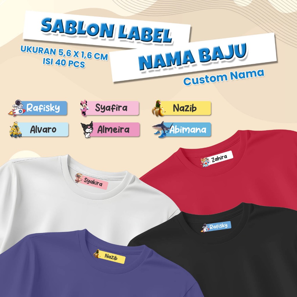 

Sticker Label Baju Kain Sablon DTF karakter / Stiker Baju Sablon Setrika / Label Nama untuk Baju CUSTOM NAMA