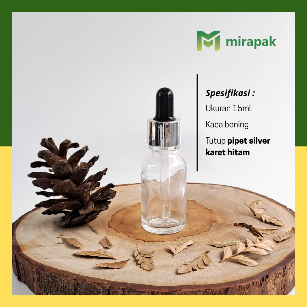 BOTOL PIPET 15ML BENING CLEAR KACA TEBAL - RING SILVER KARET HITAM - SERUM KOSMETIK SKINCARE - R18SI
