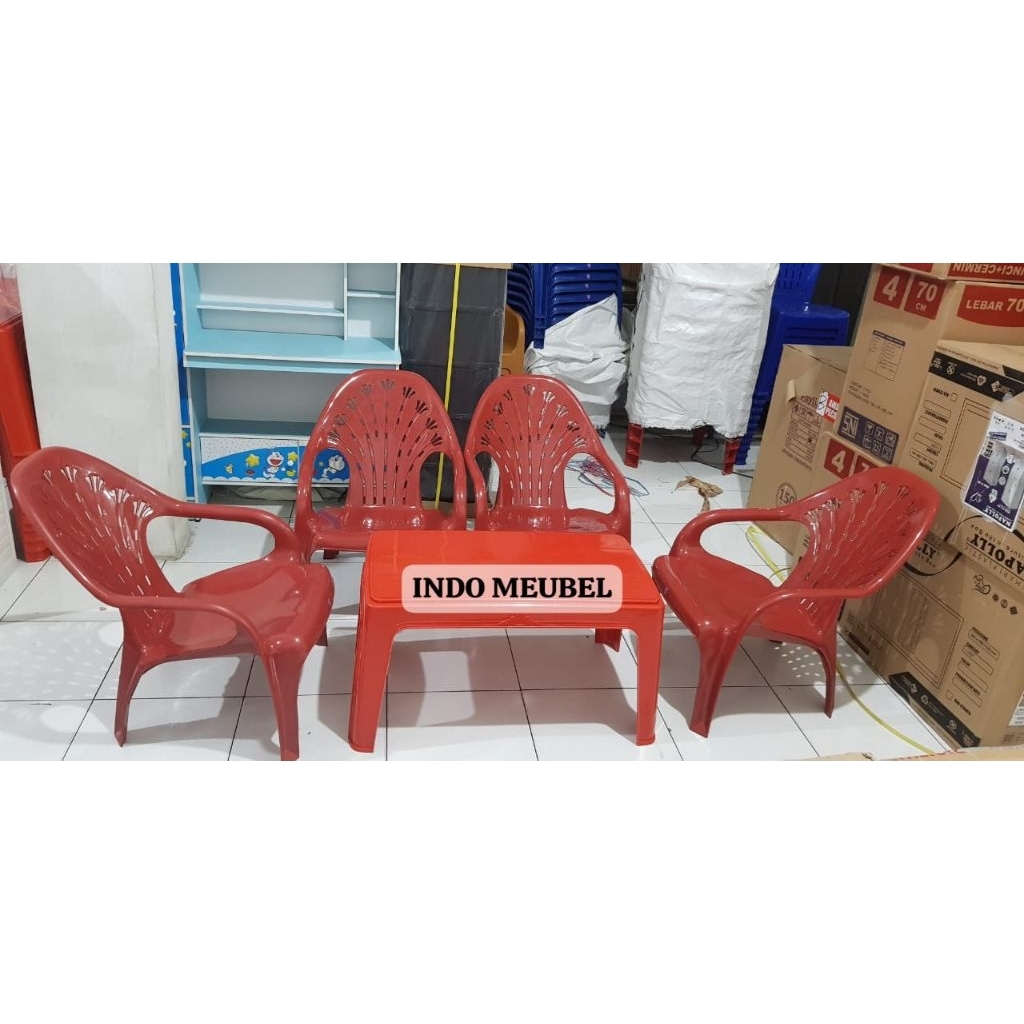 KURSI PLASTIK, KURSI SANTAI PLASTIK, 1 SET ( 2 KURSI + 1 MEJA PANJANG), ( 4 KURSI + 1 MEJA PANJANG)
