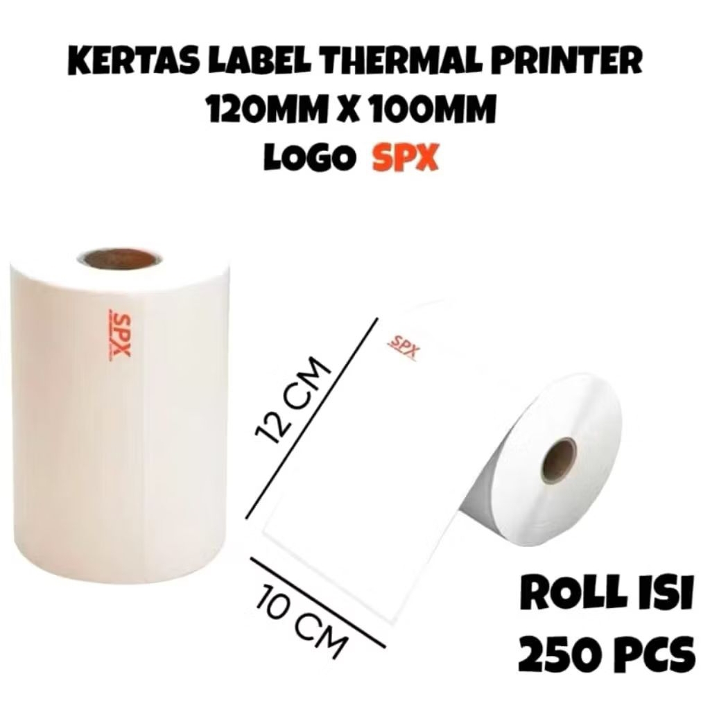 

kertas resi thermal label barcode logo SPX 120x100 mm isi 250 lembar dan 100x150 isi 500 lembar