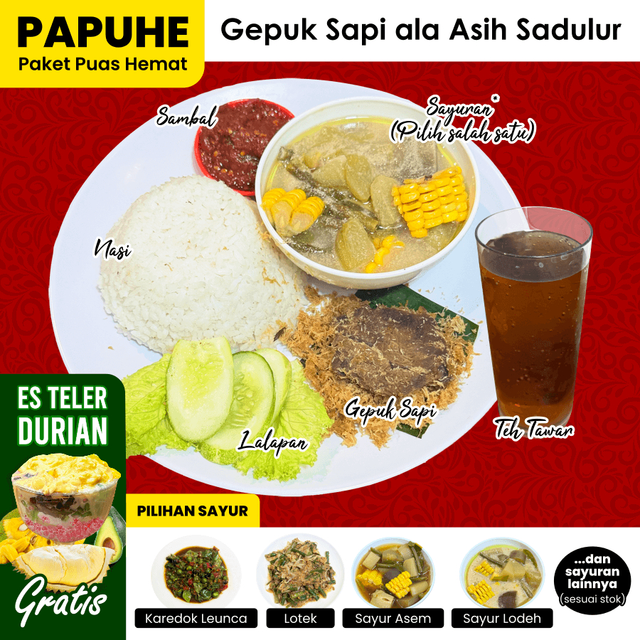 

PAPUHE Gepuk Sapi Paket Puas Hemat Nasi Lauk Sayur Sambal Lalapan Teh | Paket Nasi Asih Sadulur