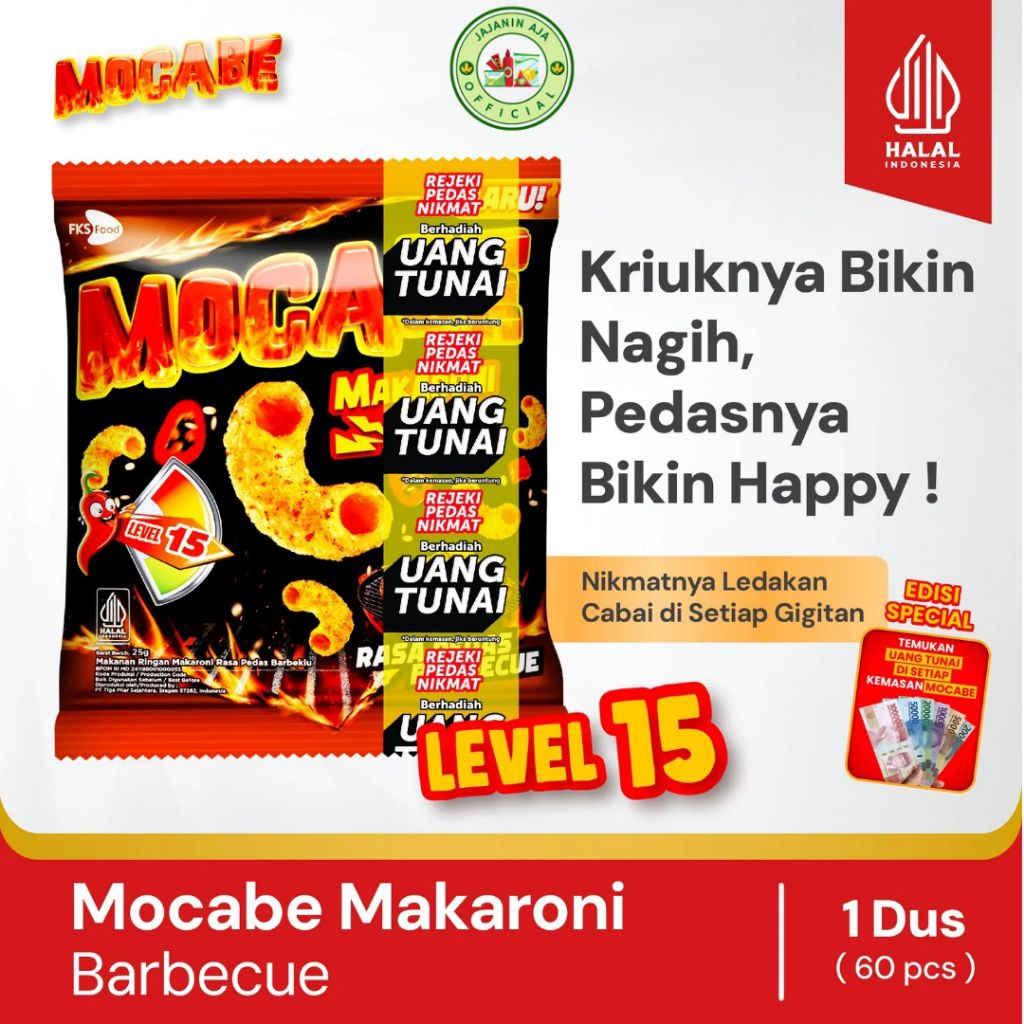 

Mocabe Rasa Barbecue | Snack BBQ Renyah Pedas | Small Pack (6 Renceng) 1 Karton 60 Pcs × 24gr + Free 12 Pcs