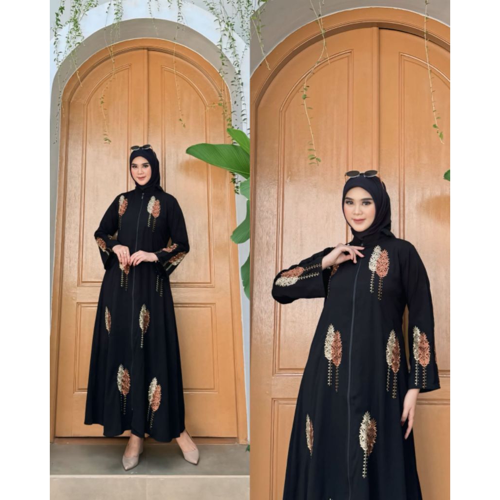 GAMIS ABAYA TURKEY JETBLACK BORDIR BUNGA KRISAN