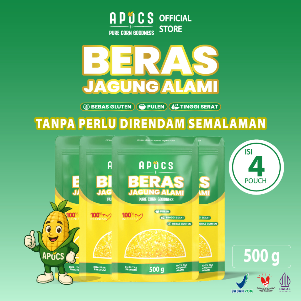 

Beras Jagung Alami Premium APOCS (500 g) Isi 4 Pouch, Tinggi Serat, LEBIH KENYANG