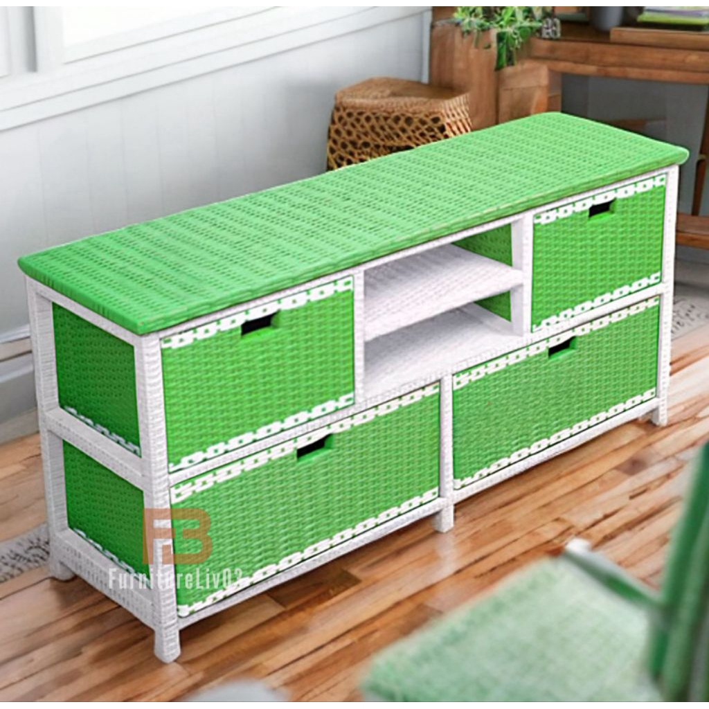[Ready Stock] Meja Tv Rotan Sintetis Rak 4 Lemari Minimalis Modern