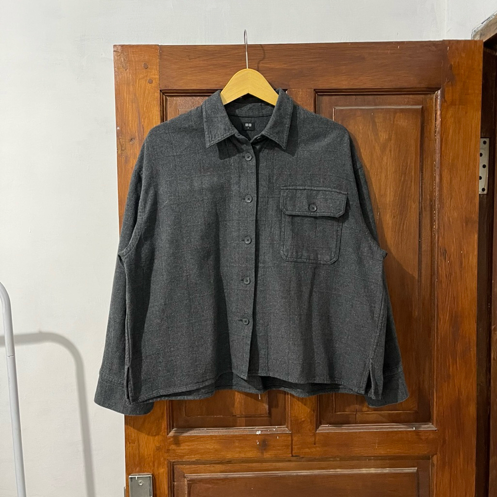 [M-L] Uniqlo Oversized Outer Cotton Checkerboard Shirt Long Sleeve I Grey  I Vintage Vtg Retro Kemej