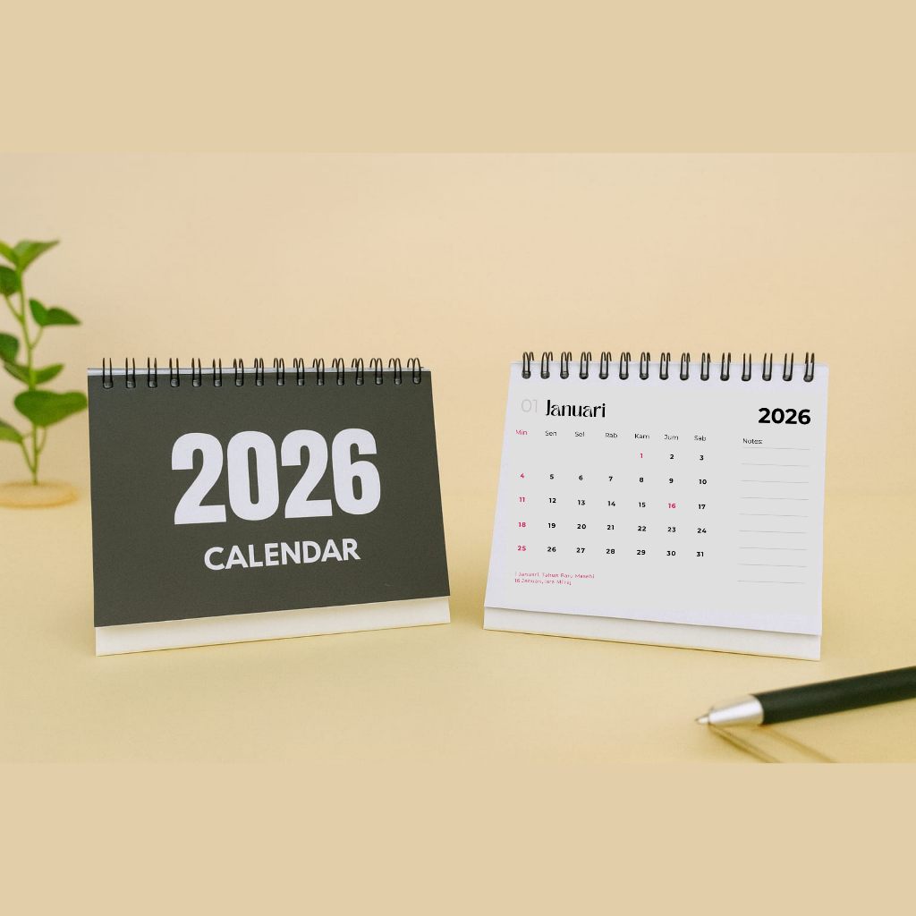

Kalender Meja A6 Landscape Tahun 2026 Warna Hitam Putih Tanggal Merah Lengkap