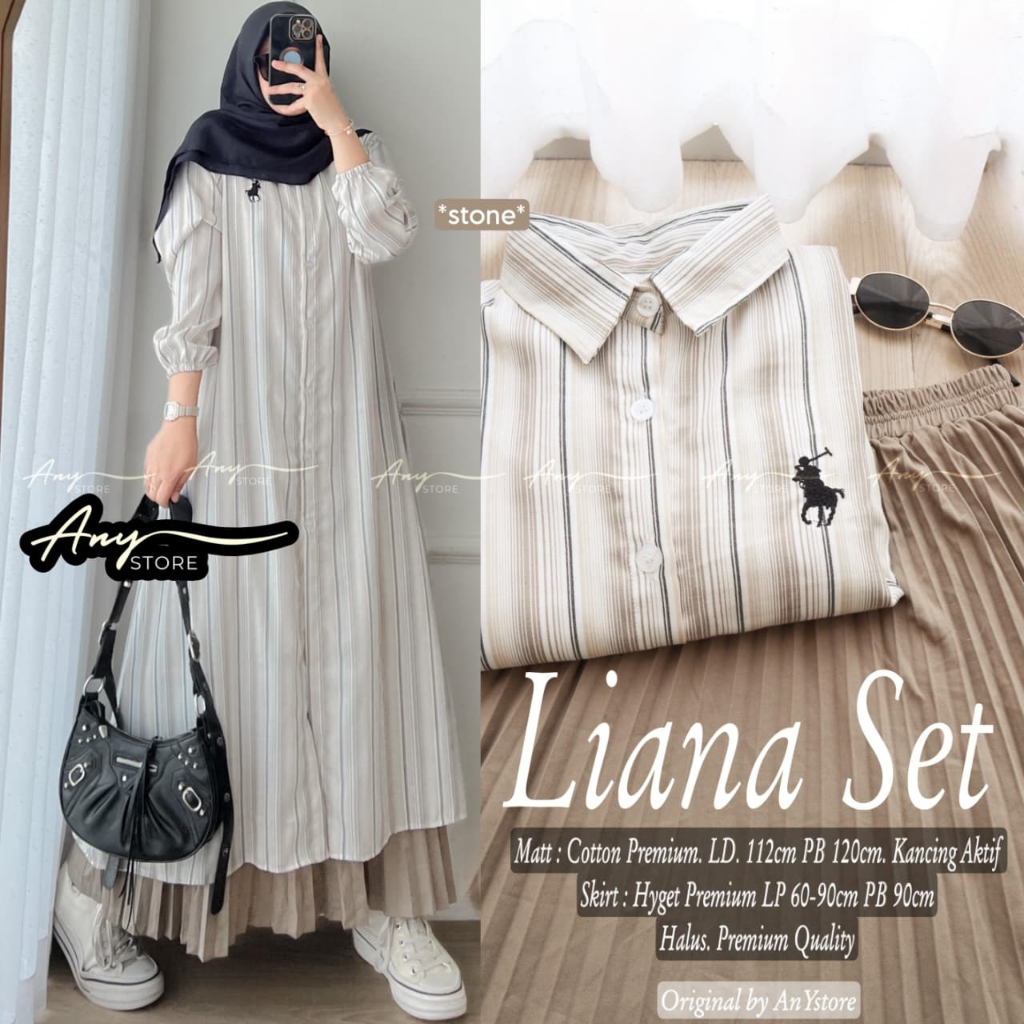 Liana Set Tunik Bordir Rok Plisket Stripe