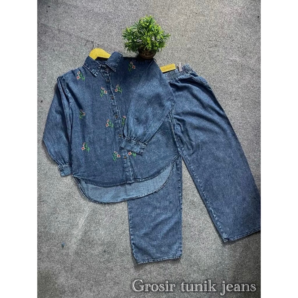 COD~Oneset Jeans Jumbo Nayra Baju Setelan Jeans Snow Wash Premium/One Set Denim Celana Kulot Dan Ata