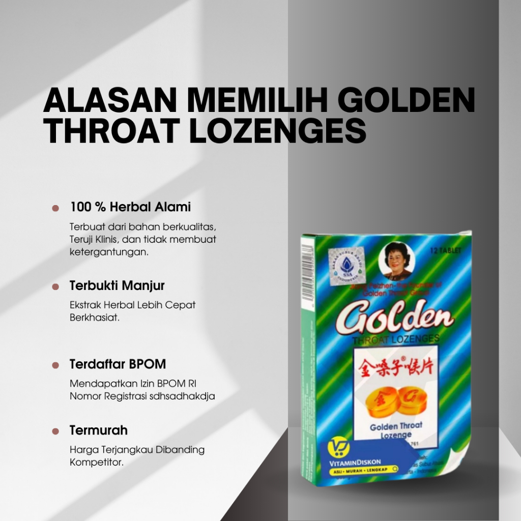 

GOLDEN THROAT LOZENGES - PERMEN MEREDAHKAN SAKIT TENGGOROKAN DAN SUSAH NELAN