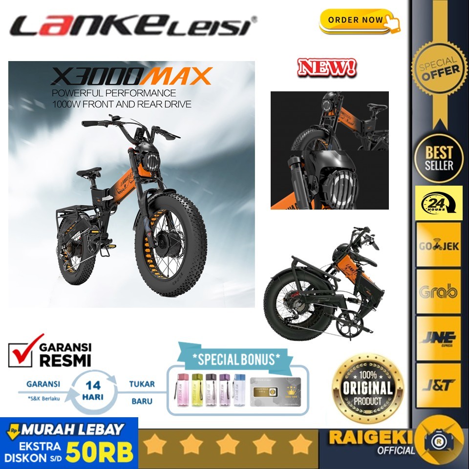 Lankeleisi Sepeda Listrik Lipat Fat Bike 20 Inch Dual Motor 48V 20Ah - X3000 MAX - Black/Gray