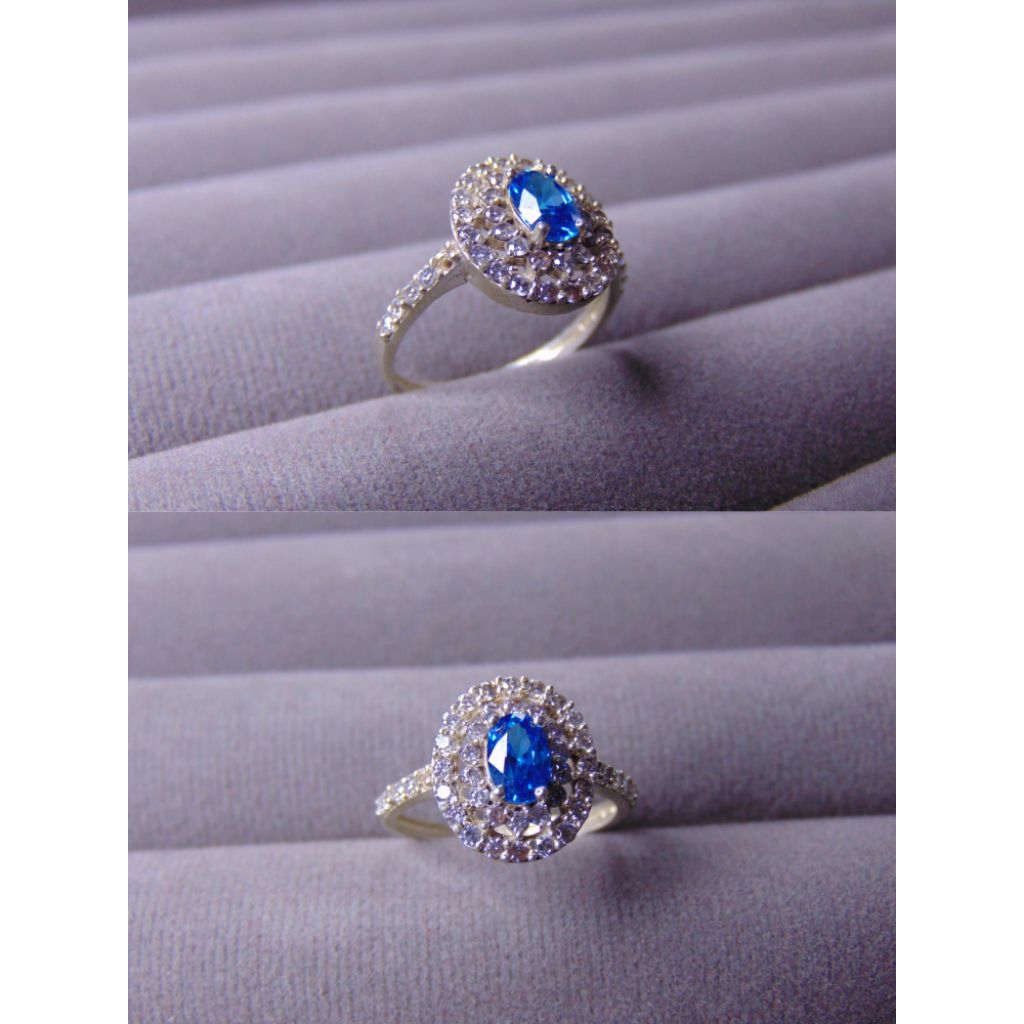Cincin Warna Biru Diamond Perak Asli 925/Cincin Mata Biru Muda/Cincin Wanita Dewasa/Cincin Fashion/L