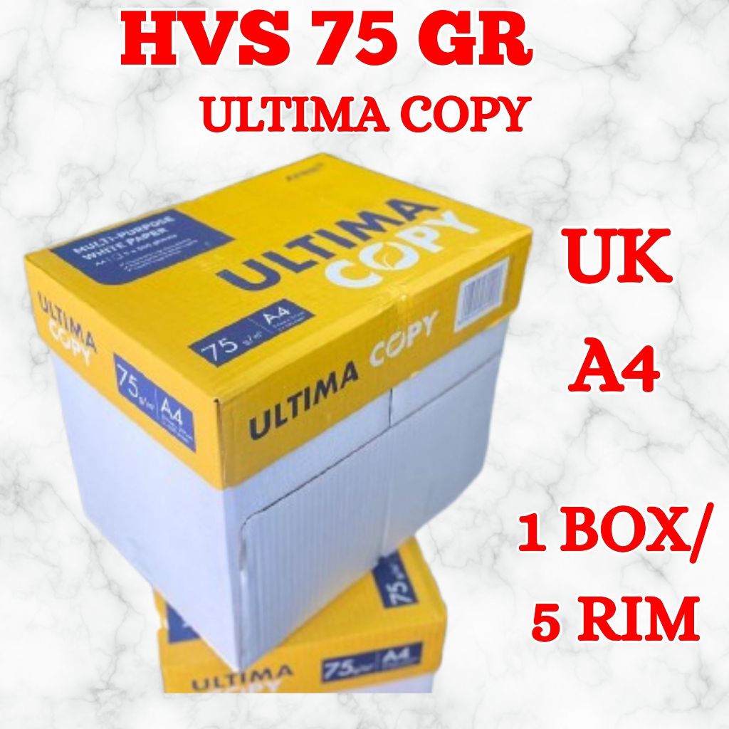 

KERTAS HVS / KERTAS PRINT / KERTAS FOTOCOPY 75 GSM UKURAN A4 MERK ULTIMA COPY 1 BOX / 5 RIM