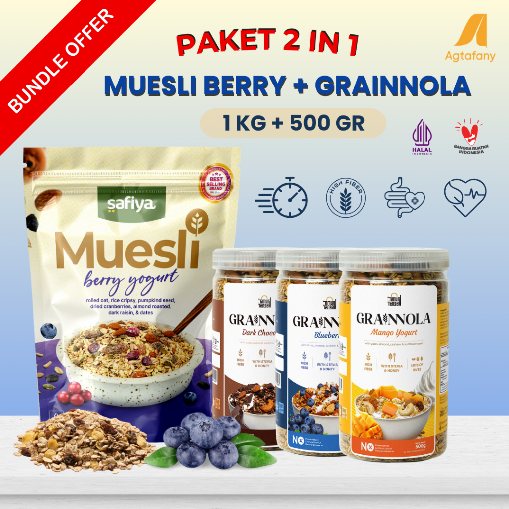 

[Paket Hemat] Bundling Muesli Berry Yogurt 1 kg + Grainnola Dark Chocolate Coklat Blueberry Mango Yogurt 500 gr Granola Timur Tengah | Sereal Oatmeal Sarapan Sehat Camilan Oatmeal Overnight Healthy Food