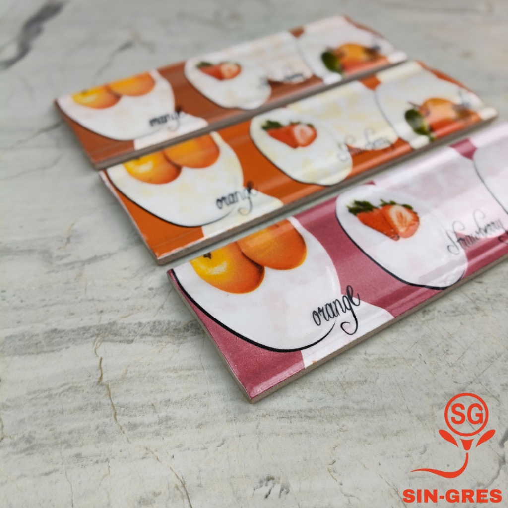 List Keramik Dinding | Listello Laser | 8x25 | Model Lengkung | Motif Buah