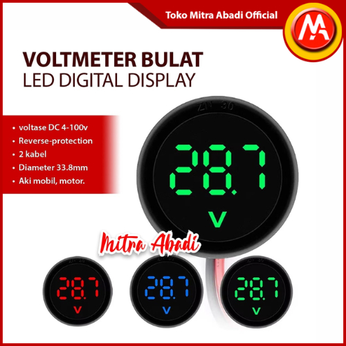 Voltmeter Bulat LED Digital Display DC 4-100V 2 Kabel / Circular Reverse Protection Aki Motor Mobil