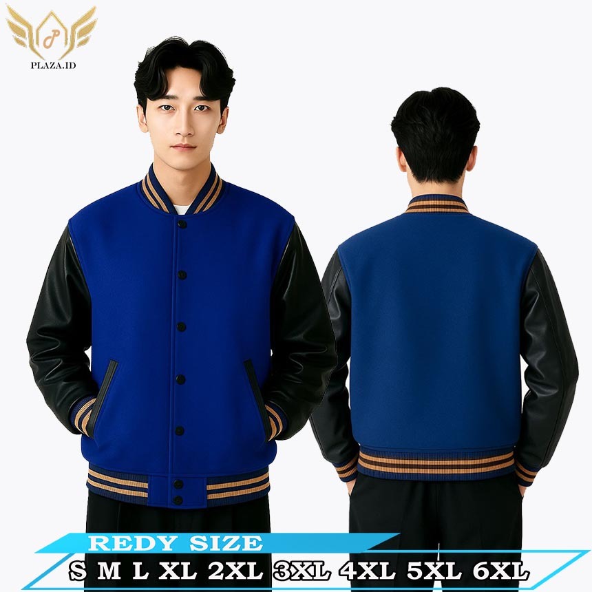 Jaket Baseball Varsity Pria Wanita Oversize Kombinasi Kulit Oscar biru Hitam varsity Baseball Jacket