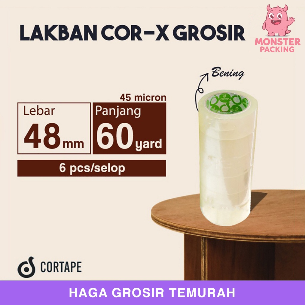 

Lakban Cortape Bening 45 mm x 60 yard (Cor-X) Ekonomis 1 Selop