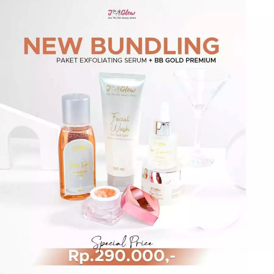 Jglow Skincare Paket Flek BB Gold 5in1 – Atasi Flek Hitam, Cerahkan Wajah Kusam & Anti Aging | BPOM