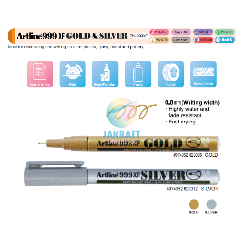 

(1 Pcs) Spidol Permanen ARTLINE Paint Marker EK-999XF Gold Emas / Silver Perak Permanent Marker Segala Permukaan Tebal 0.8 mm Anti Air Tidak Bisa Dihapus