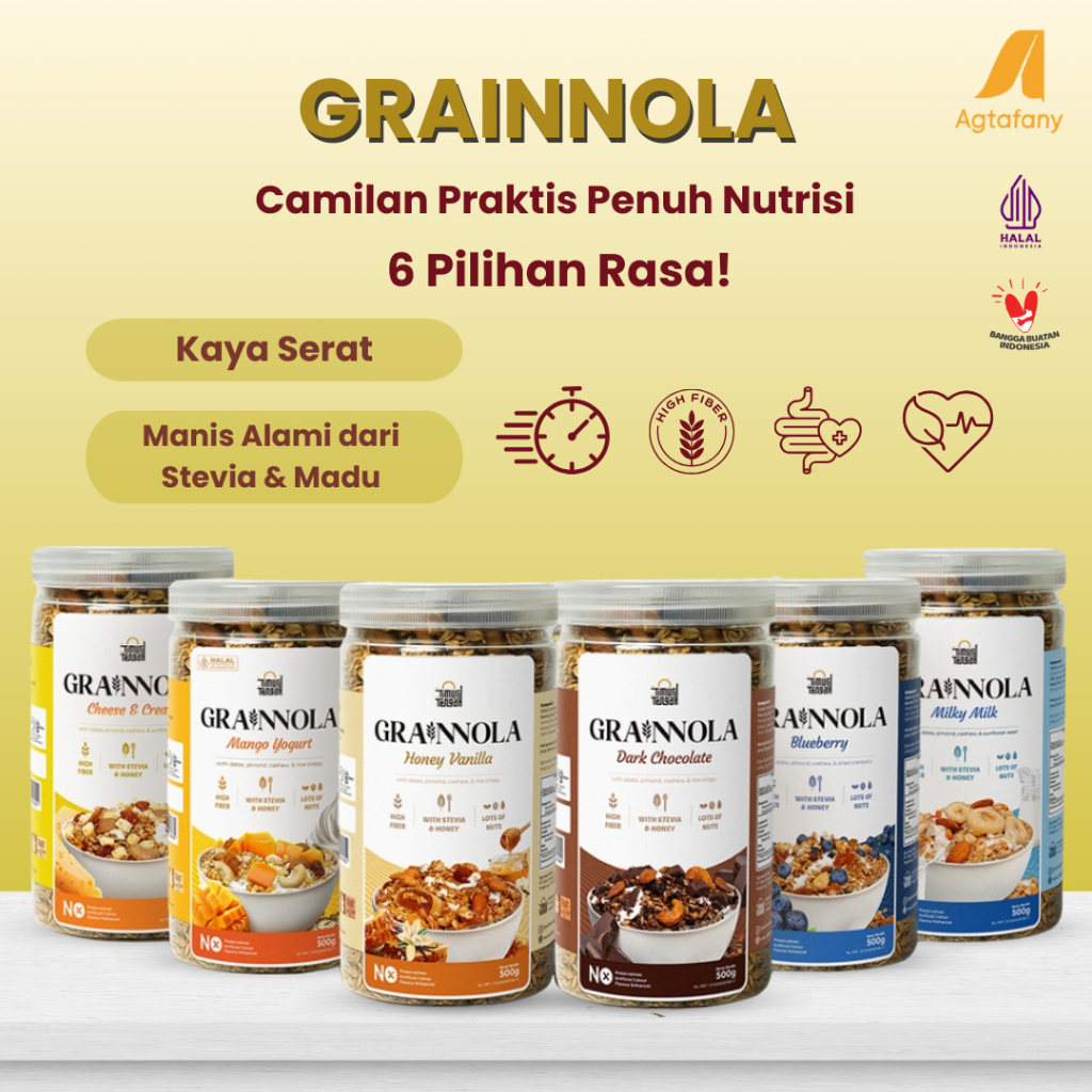 

Grainnola Jar 500 gr Granola Premium Timur Tengah | Dark Chocolate Coklat Blueberry Vanilla Honey Mango Yogurt Cheese and Cream Milky Milk Camilan Sehat Sereal Oatmeal Makanan Kaya Serat