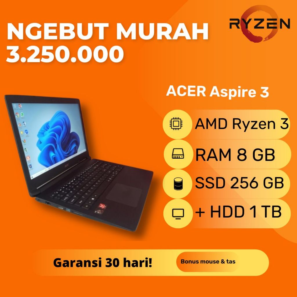 Laptop Acer Aspire 3 A315-41 AMD Ryzen 3 2200U RAM 8GB SSD M.2 SATA 256GB HDD 1TB Layar 15.6 inch FH