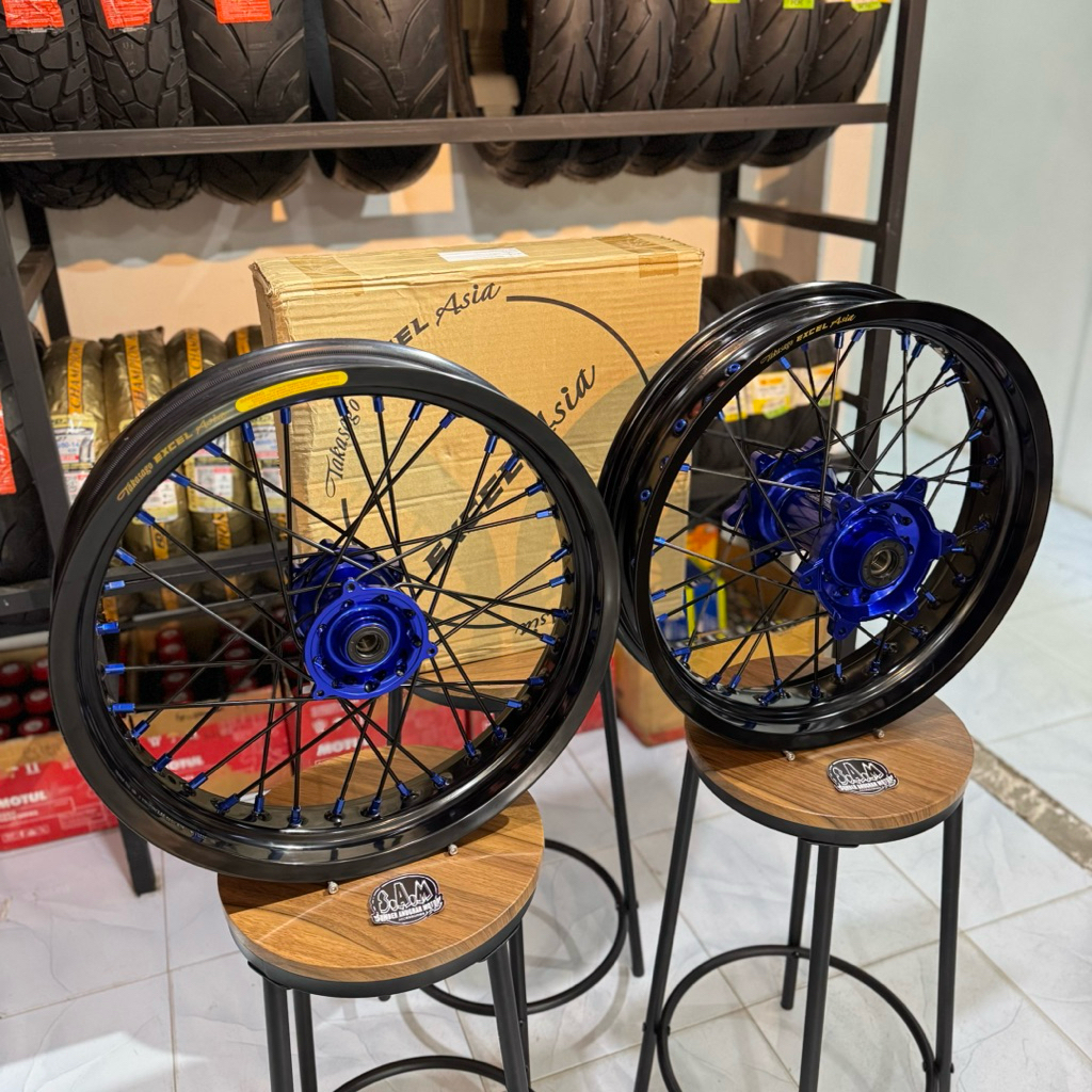 VELG SET SUPERMOTO WR155 & CRF150 17-17 / TROMOL CNC SCARLET , LIDI KTM , LINGKARAN TAKASAGO EXCEL A