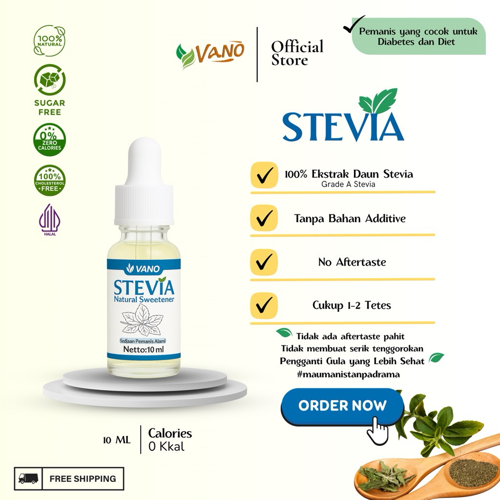 

VANO Stevia 10ml Travel Size (100% Murni Ekstrak Daun Stevia) Tanpa Bahan Aditif, cocok untuk Diet dan Diabetes, cocok untuk campuran Minuman, Makanan dan Kue