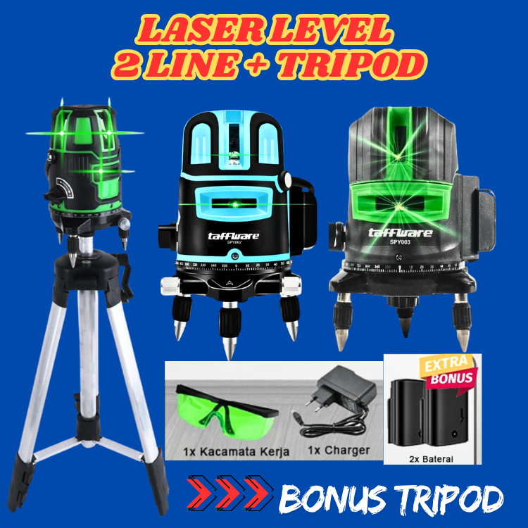 JAYA Taffware Hilda Laser Leveling Green 2 Line Waterpass Meteran laser digital + Tripod + baterai