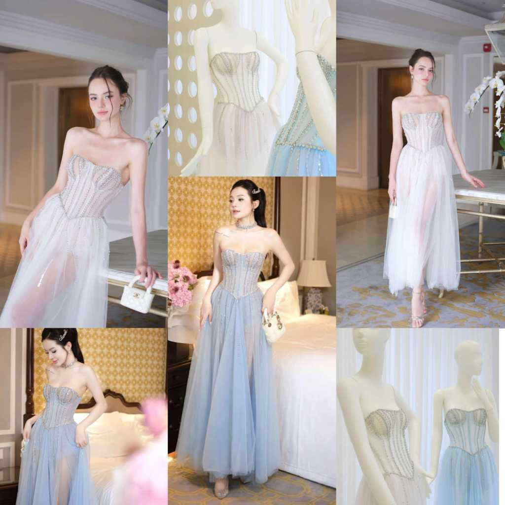 ‼️READY STOCK‼️LONG DRESS PREMIUM VIETNAM SWAROVSKI HIGHT QUALITY KEMBEN TANPA LENGAN FULL DIAMOND P