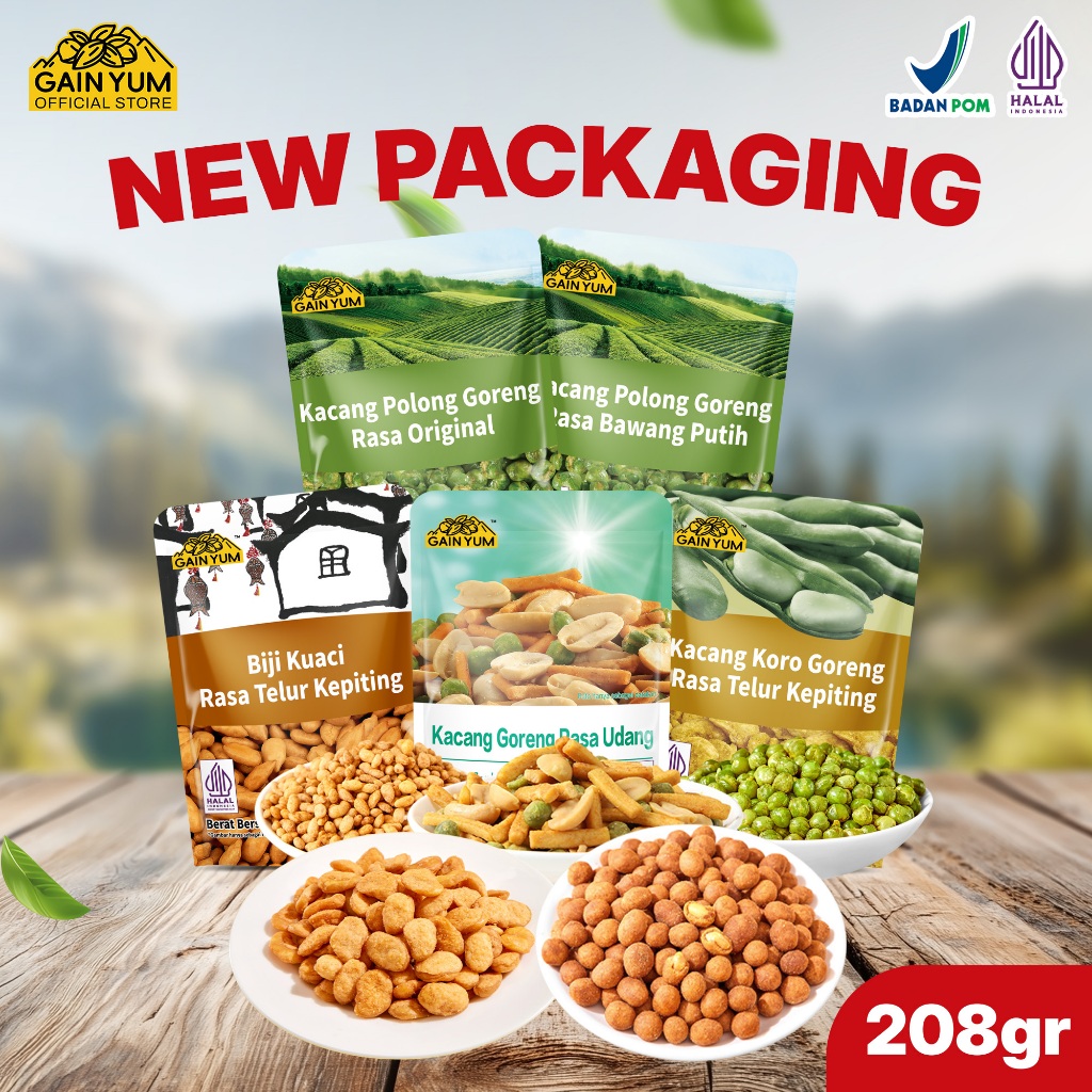 

Gain Yum - NEW PACKAGING All Varian Kacang Koro Kacang Polong dan Kuaci Kupas 208gr