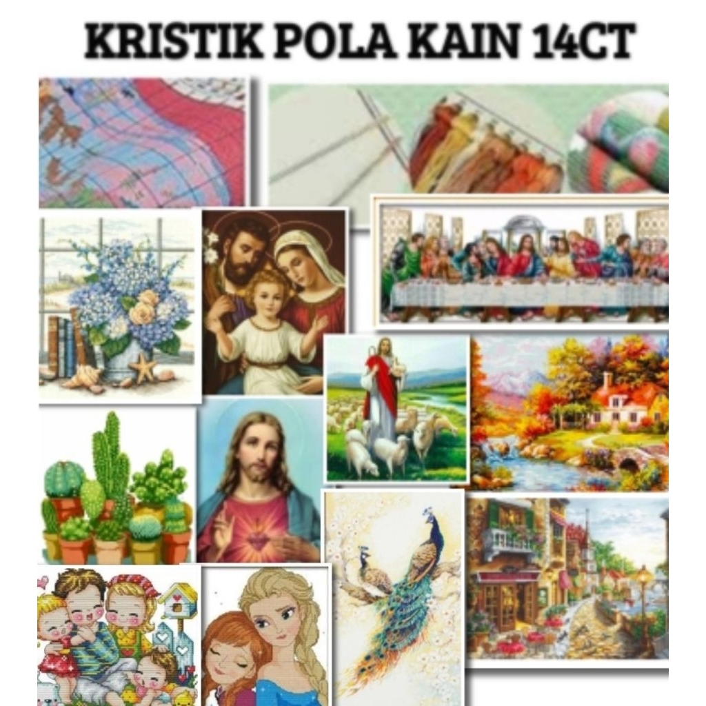 DIY PAKET KRISTIK 14CT POLA KAIN PEMANDANGAN BUNGA HEWAN ROHANI YESUS KARTUN
