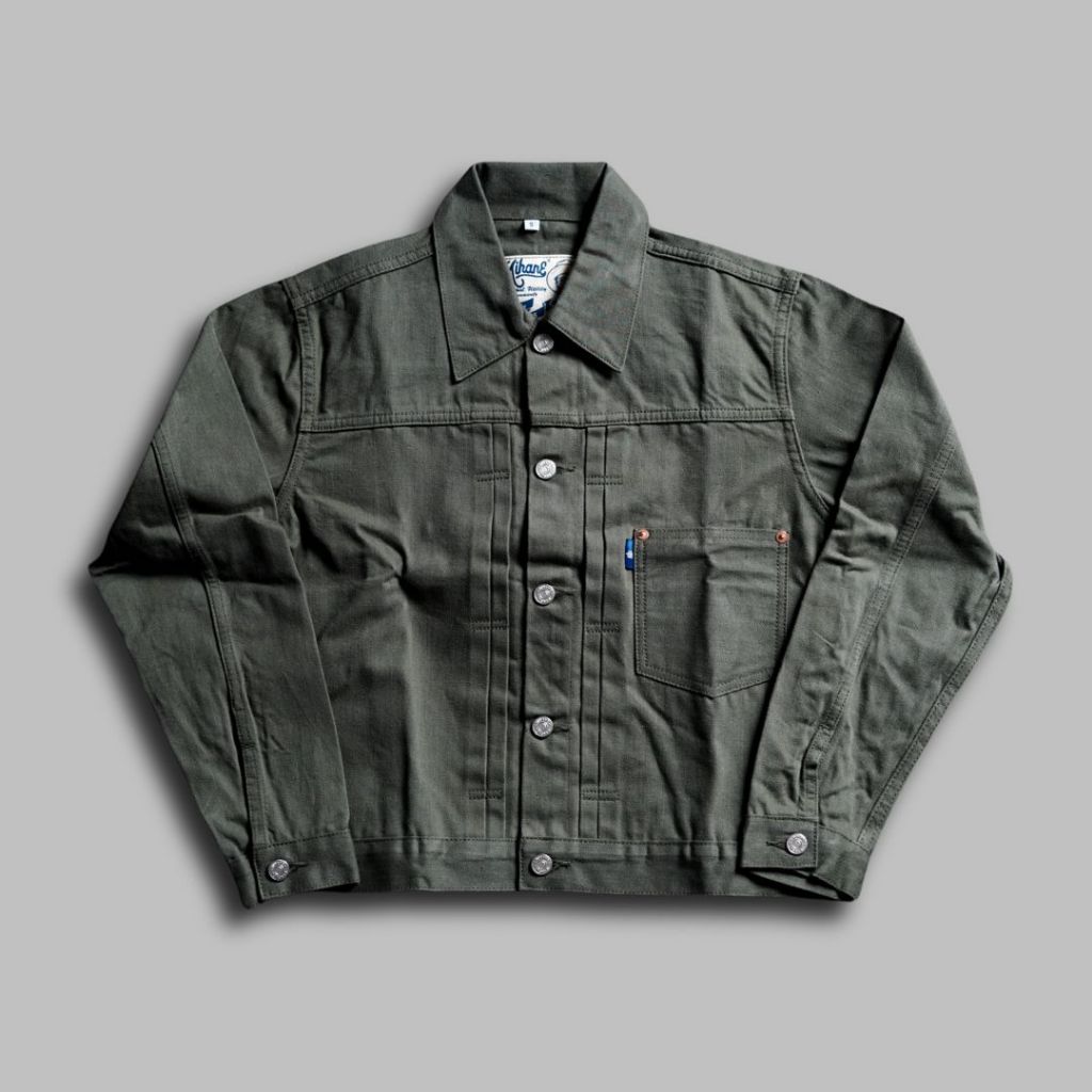 Mihane Jeans - Jacket Pria Denim Selvedge - EXT Type I 13.5oz Unsanforized Olive Twill Red Line Selv