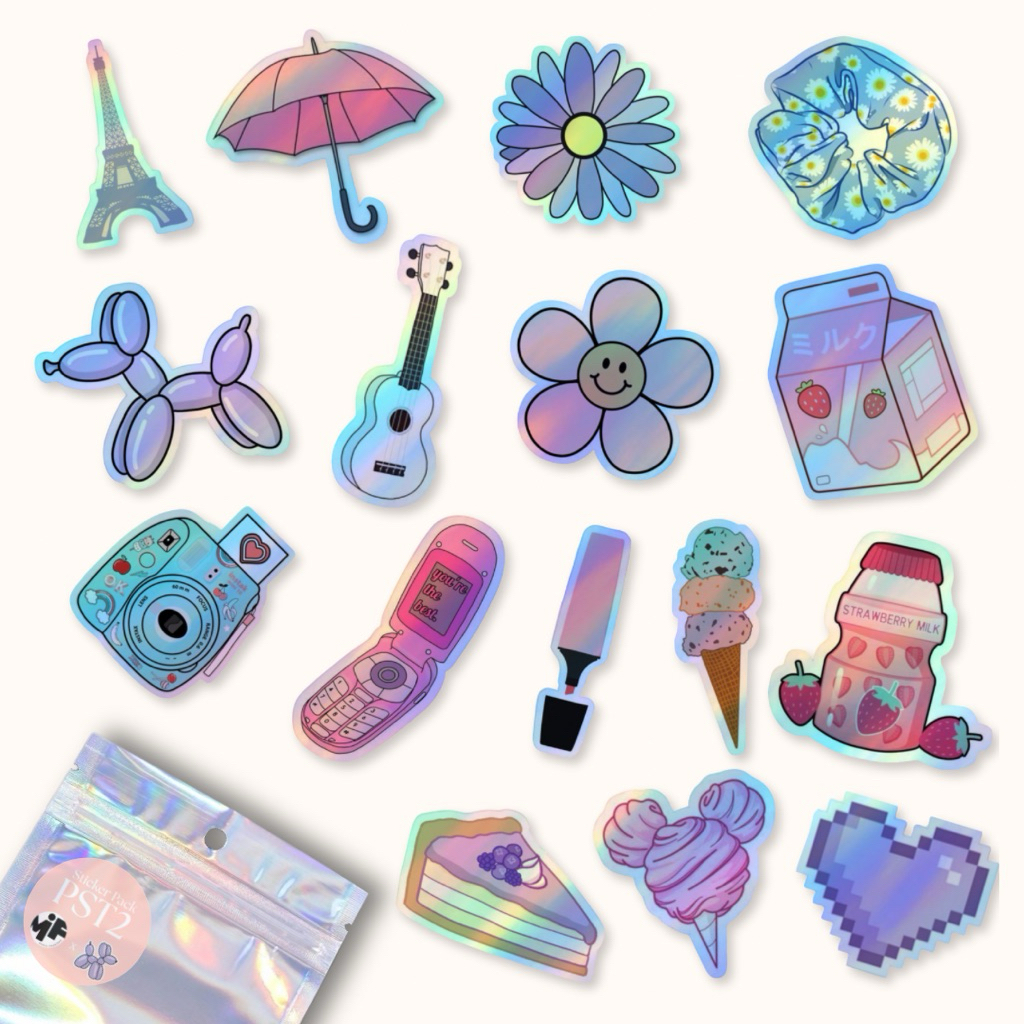 

[1 Pack] Sticker Hologram Cute Pastel Laminasi , Stiker Hologram Patel Cute Aesthetic Isi Banyak Dekorasi Laptop Tumblr Gitar