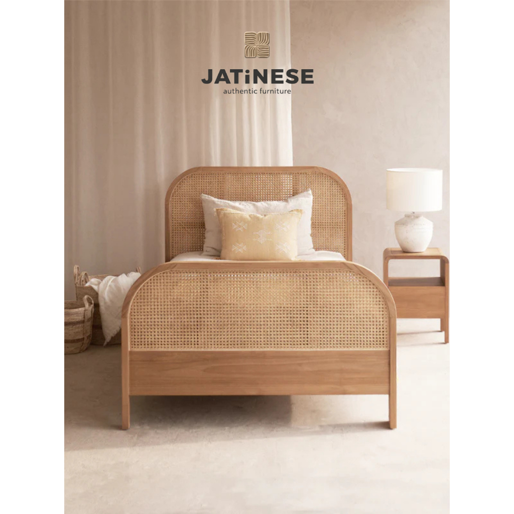DIPAN SINGLE JATI ROTAN MINIMALIS -Tempat Tidur Kayu Single Bed Minimalis dengan Anyaman Rotan