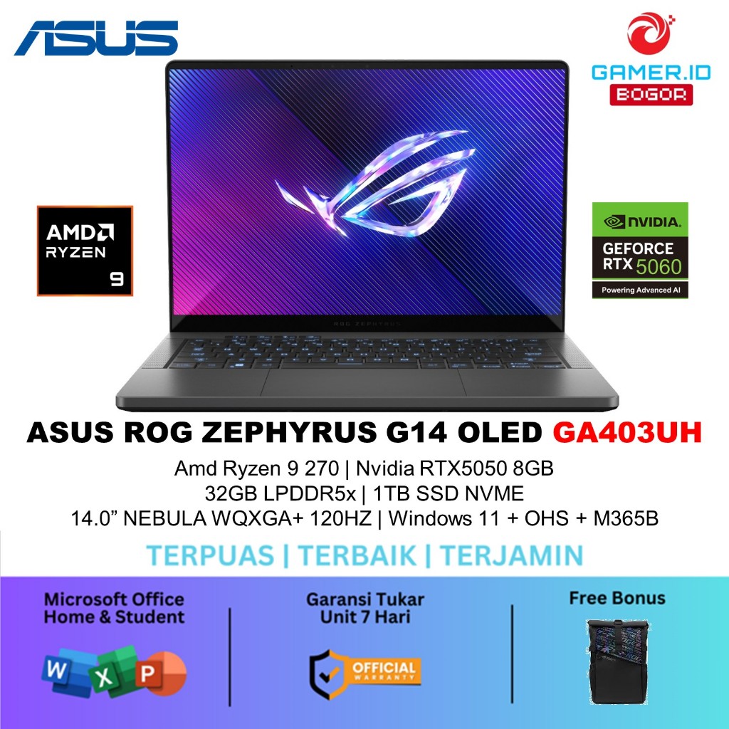 Asus Rog Zephyrus G14 Oled GA403UH Amd Ryzen 9 270 RTX5050 8GB/ 32gb 1tb W11+OHS 14.0 WQXGA+ 120HZ