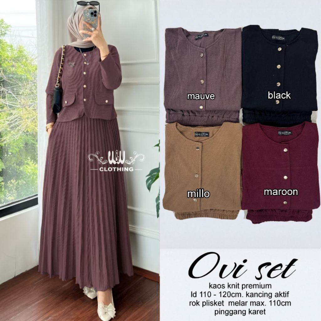 Ovi Set Wanita Terbaru Setelan Atasan Lengan Panjang Set Rok Plisket Lebar Mayung Bahan Kaos Knit Pr