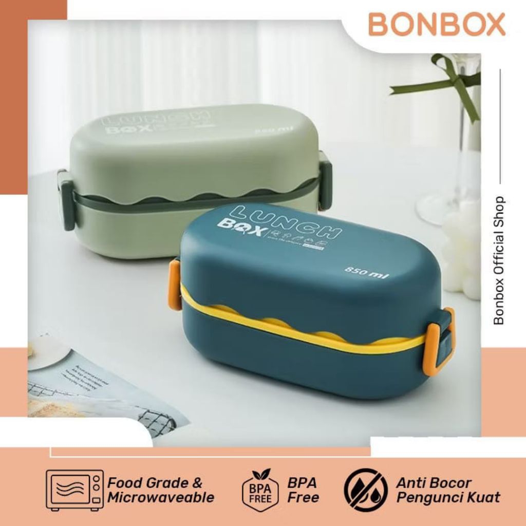 BONBOX Lunch Box Set 850ML Kotak Bekal Makan 2 Sekat Tempat Bekal Makan Anti Tumpah BTW