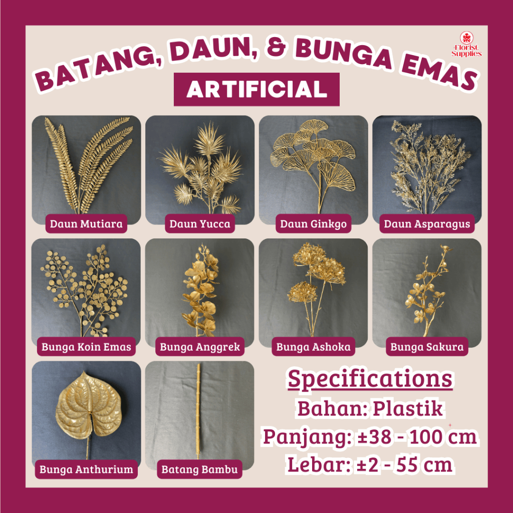 Bunga Emas Artificial Daun Emas Artificial Batang Bambu Emas Artificial Flower Gold Daun Ginkgo