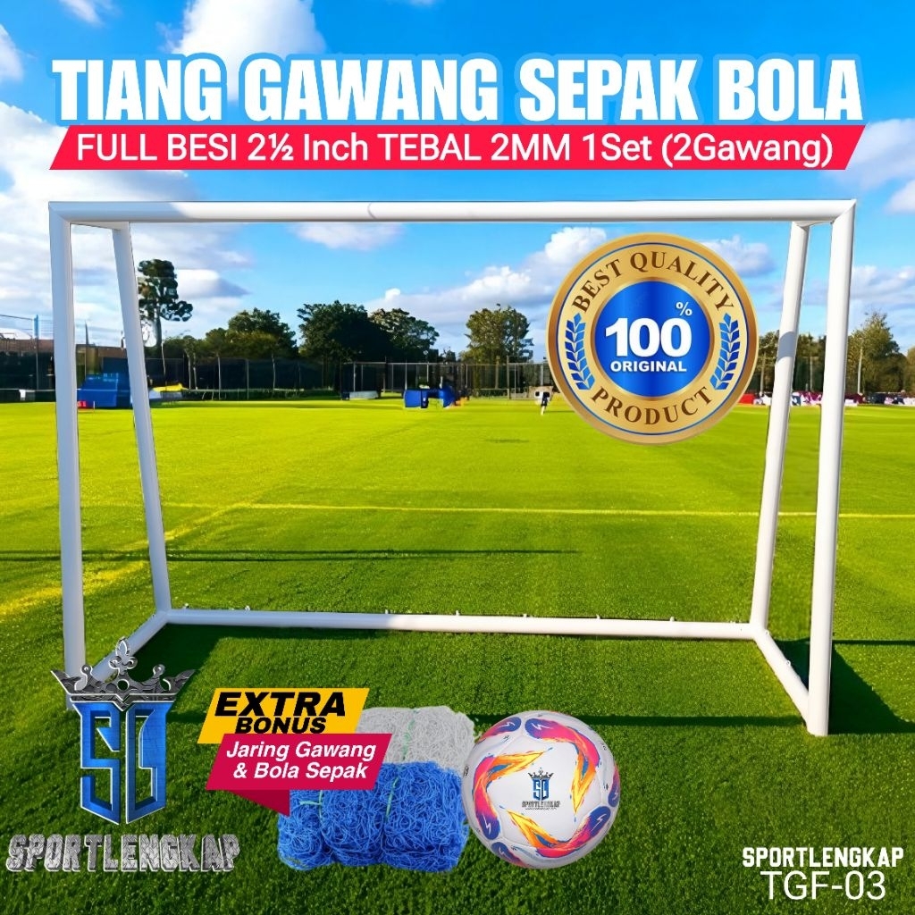 tiang gawang futsal portabel premium uk T 2m×L 3m full besi 2½inch tebal 2,3mm, dapat jaring gawang
