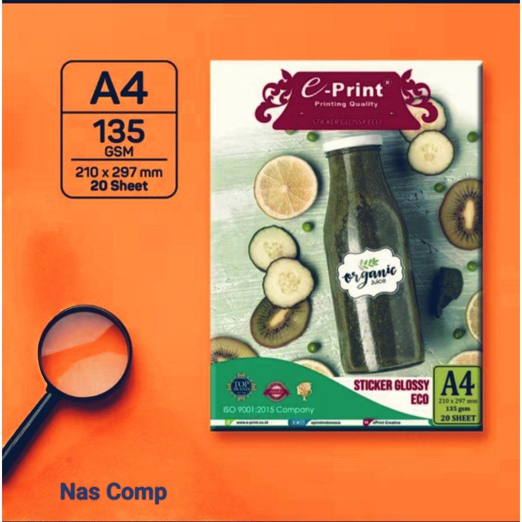 

Kertas Stiker Glossy ECO Sticker Glossy 135gsm ukuran A4 isi 20Lbr Anti Air