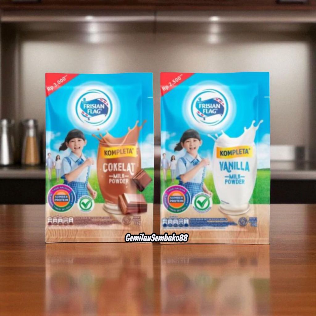 

FRISIAN FLAG KOMPLETA SUSU BUBUK VANILLA & COKELAT RENCENG 30 GRAM ISI 10 SACHET / SUSU BUBUK / SUSU