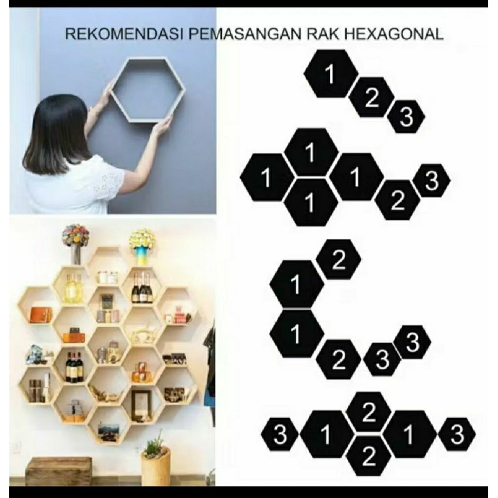 rak dinding kayu hexagonal