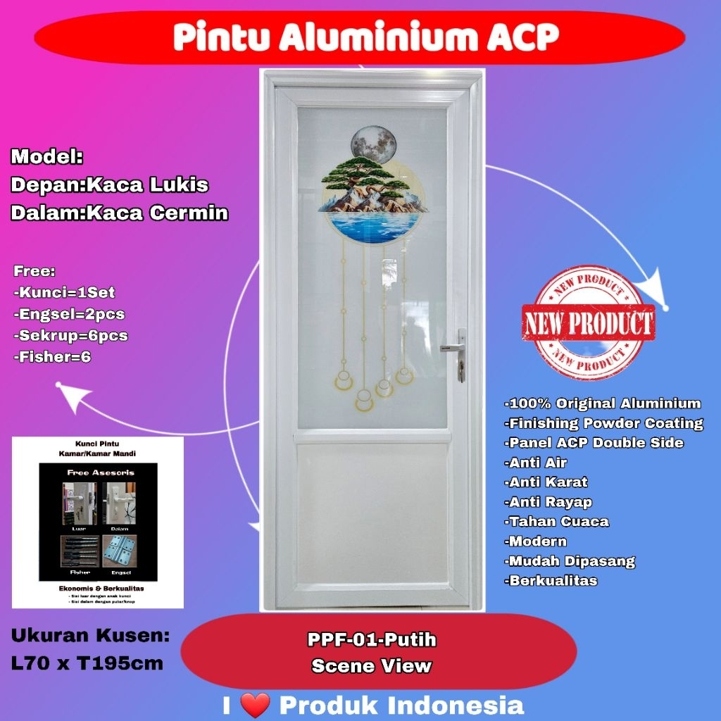 Pintu Kamar Mandi Aluminium-Happy Door-PPF 01-3/4 Kaca Lukis SceneView-Kaca Cermin Dalam-Putih
