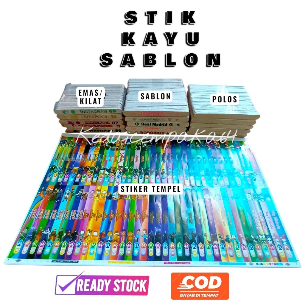 STIK KAYU FULL EMAS KILAT MOTIF SABLON LOGO PERMANEN STIK POLOS ES KRIM PRAKARYA STIKER TEMPELAN KAR