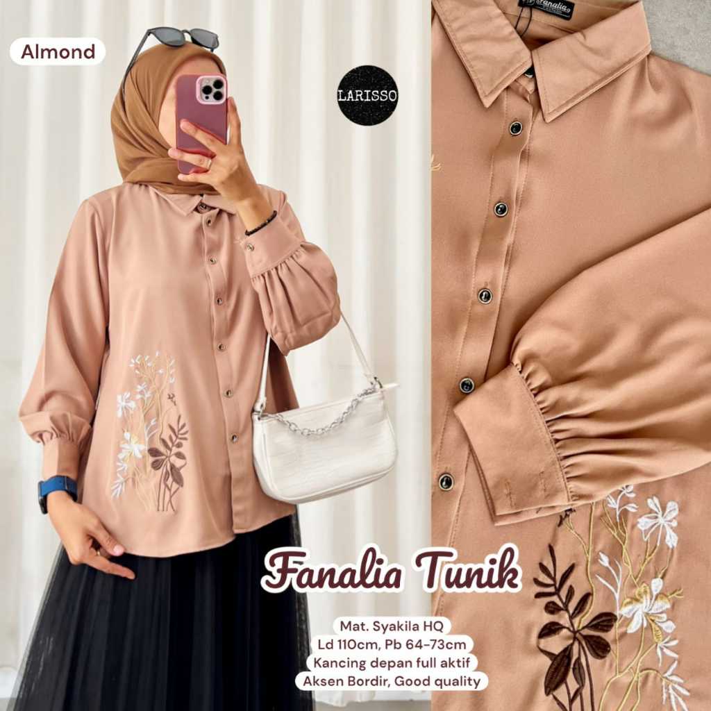 Baju tunik wanita warna polos bordir bahan syaqila / Fanalia tunik blus