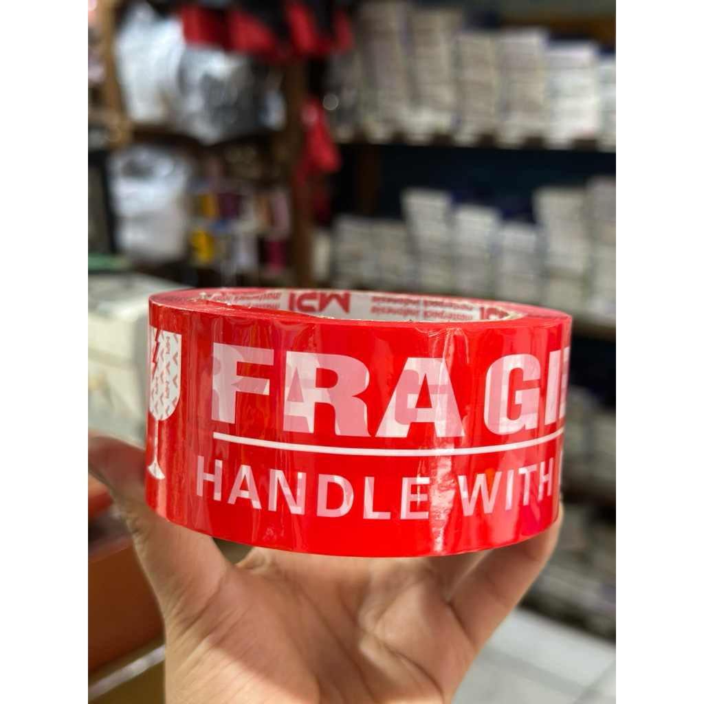 Lakban Fragile Warna Merah 1 Gulung/ Lakban Jangan Dibanting