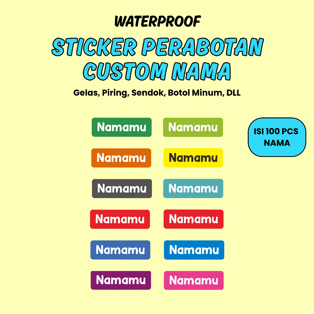 

100Pcs Sticker Custom Nama Piring Sendok Botol Barang Perabotan Stiker Ajaib Waterproof Timbul Label