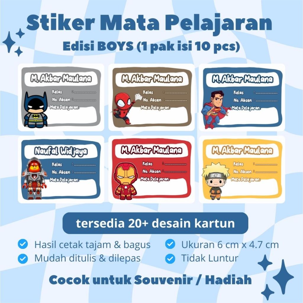 Stiker Label Mata Pelajaran Anak Buku Tulis Karakter Anak Laki Laki Batman Spiderman Superman Lego I