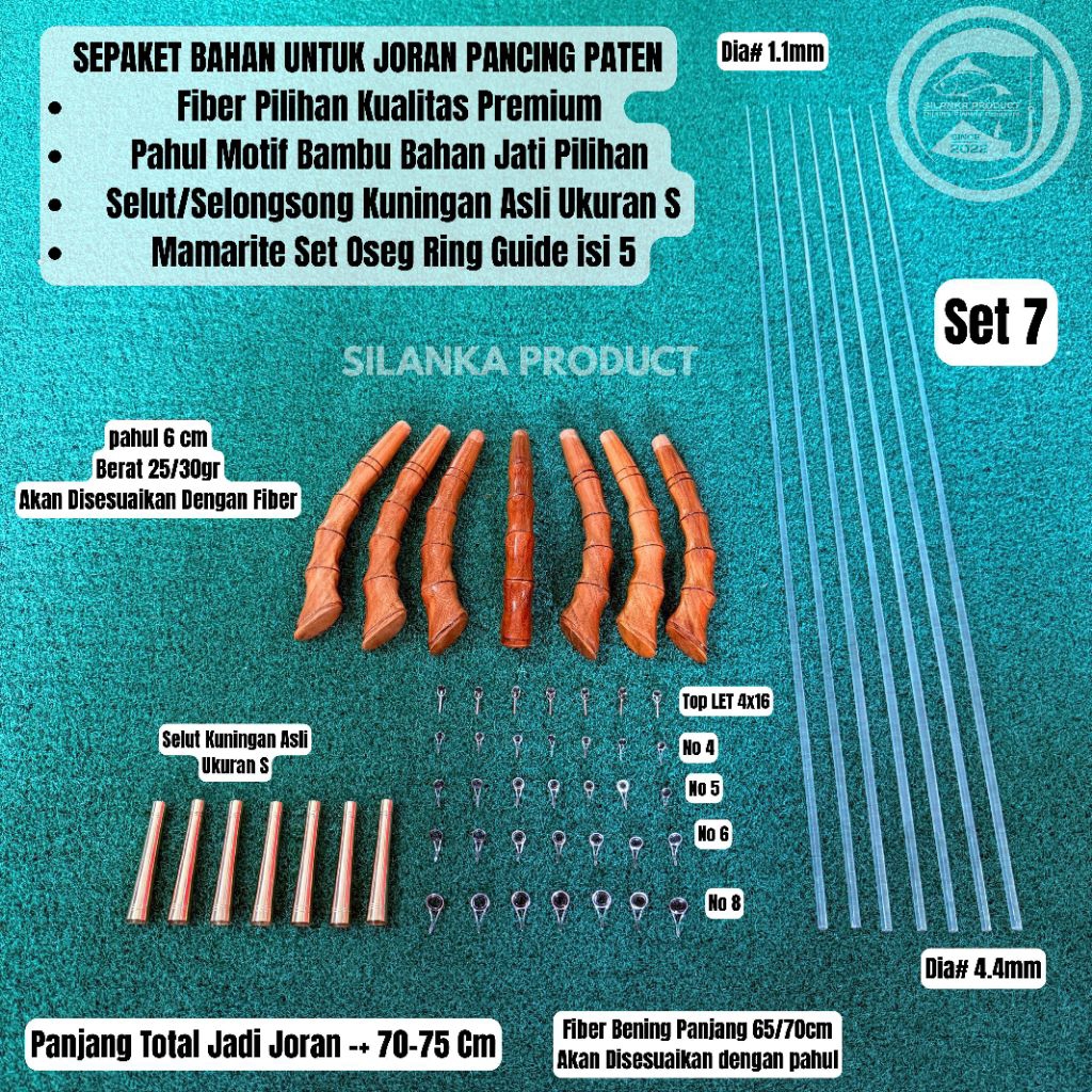 Sepaket Bahan Joran Pancing Paten Selut kuningan asli, U/Jerpon 70-75cm fiber Bening